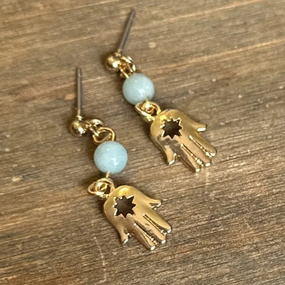 Aquamarine gold Hamsa charm drops dangle Victorian earrings - Picture 1 of 4